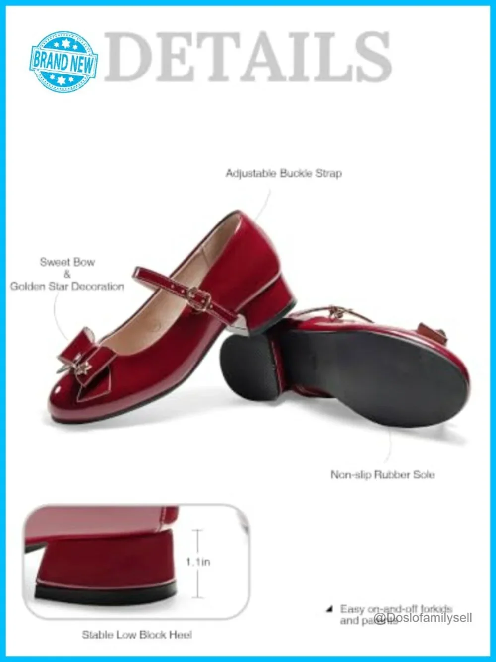 Girls Mary Jane Ankle Strap Low Heel Dress Shoes w/ Faux Leather & Lambskin